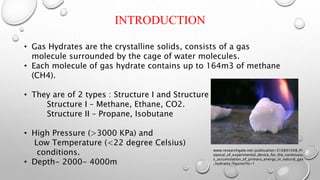 INTRODUCTION
• Gas Hydrates are the crystalline solids, consists of a gas
molecule surrounded by the cage of water molecules.
• Each molecule of gas hydrate contains up to 164m3 of methane
(CH4).
• They are of 2 types : Structure I and Structure II.
Structure I – Methane, Ethane, CO2.
Structure II – Propane, Isobutane
• High Pressure (>3000 KPa) and
Low Temperature (<22 degree Celsius)
conditions.
• Depth- 2000- 4000m
www.researchgate.net/publication/316891048_Pr
oposal_of_experimental_device_for_the_continuou
s_accumulation_of_primary_energy_in_natural_gas
_hydrates/figures?lo=1
 