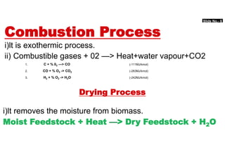 Slide No.- 6
Combustion Process
i)lt is exothermic process.
ii) Combustible gases + 02 —> Heat+water vapour+CO2
1. C + % 02 —> CO (-111MJ/kmol)
2. CO + % O2 -> CO2 (-283MJ/kmol)
3. H2 + % O2 -> H2O (-242MJ/kmol)
Drying Process
i)lt removes the moisture from biomass.
Moist Feedstock + Heat —> Dry Feedstock + H2O
 