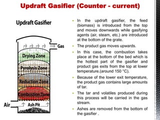 Updraft Gasifier (Counter - current)
 In the updraft gasifier, the feed
(biomass) is introduced from the top
and moves downwards while gasifying
agents (air, steam, etc.) are introduced
at the bottom of the grate.
 The product gas moves upwards.
 In this case, the combustion takes
place at the bottom of the bed which is
the hottest part of the gasifier and
product gas exits from the top at lower
temperature.(around 150 °C).
 Because of the lower exit temperature,
the product gas contains large amounts
of tar.
 The tar and volatiles produced during
this process will be carried in the gas
stream.
 Ashes are removed from the bottom of
the gasifier .
 