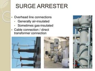 SURGE ARRESTER
 Overhead line connections
 Generally air-insulated
 Sometimes gas-insulated
 Cable connection / direct
transformer connection
 
