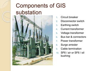 Components of GIS
substation
1. Circuit breaker
2. Disconnector switch
3. Earthing switch
4. Current transformer
5. Voltage transformer
6. Bus bar & connectors
7. Power transformer
8. Surge arrester
9. Cable termination
10. SF6 / air or SF6 / oil
bushing
 