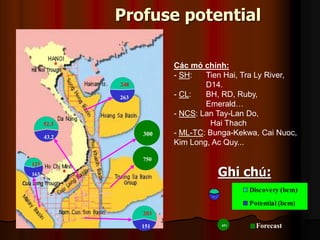 Profuse potential
Ghi ch:
300
750
43.2
52.3
151
203
263
248
163
123
Cc m? chnh:
- SH: Tien Hai, Tra Ly River,
D14.
- CL: BH, RD, Ruby,
Emerald
- NCS: Lan Tay-Lan Do,
Hai Thach
- ML-TC: Bunga-Kekwa, Cai Nuoc,
Kim Long, Ac Quy...
Discovery (bcm)
Potential (bcm)
451 Forecast
 