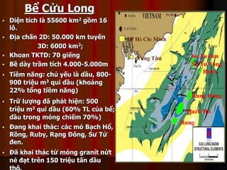 ? Di?n tch l 55600 km2 g?m 16
l?.
? ??a ch?n 2D: 50.000 km tuy?n
3D: 6000 km2;
? Khoan TKTD: 70 gi?ng
? B? dy tr?m tch 4.000-5.000m
? Ti?m n?ng: ch? y?u l d?u, 800-
900 tri?u m3 qui d?u (kho?ng
22% t?ng ti?m n?ng)
? Tr? l??ng ?? pht hi?n: 500
tri?u m3 qui d?u (60% TL c?a b?;
d?u trong mng chi?m 70%)
? ?ang khai thc: cc m? B?ch H?,
R?ng, Ruby, R?ng ??ng, S? T?
?en.
? ?? khai thc t? mng grant n?t
n? ??t trn 150 tri?u t?n d?u
Bach Ho
Rong
Rang Dong
Ruby
Su Tu Vang
Su Tu ?en
TP H? Ch Minh
Vung Tu
B? C?u Long
 