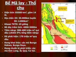 ? Di?n tch: 85000 km2, g?m 14
l?.
? ??a ch?n 2D: 30.000km tuy?n
3D: 4.000km2
? Khoan TKTD: 45 gi?ng
? B? dy tr?m tch: 4000-5000m
? Ti?m n?ng: 300-400 tri?u m3 qui
d?u (chi?m 9% t?ng ti?m n?ng)
? ?? pht hi?n: 170 tri?u m3 quy
d?u
? ?ang khai thc: cc m? Bunga
Kekwa, Bunga Raya.
? ?ang chu?n b? pht tri?n: cc
m? Kim Long, ?c Qu?, C Voi.
Kim Long
Ac Quy
Ca Voi
Bunga Kewa
Bunga Orkid
B? M? lay - Th?
chu
 