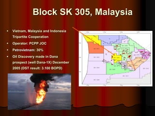 ? Vietnam, Malaysia and Indonesia
Tripartite Cooperation
? Operator: PCPP JOC
? Petrovietnam: 30%
? Oil Discovery made in Dana
prospect (well Dana-1X) December
2005 (DST result: 3.100 BOPD)
Block SK 305, Malaysia
 