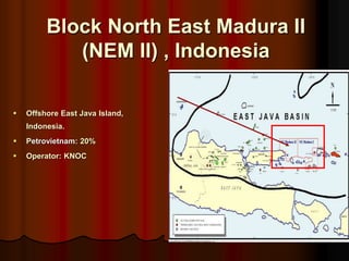 Block North East Madura II
(NEM II) , Indonesia
? Offshore East Java Island,
Indonesia.
? Petrovietnam: 20%
? Operator: KNOC
 