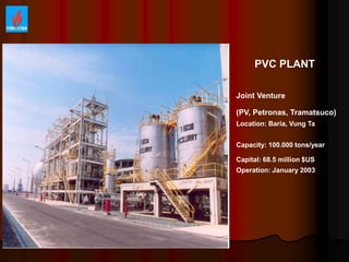 PVC PLANT
Joint Venture
(PV, Petronas, Tramatsuco)
Location: Baria, Vung Ta
Capacity: 100.000 tons/year
Capital: 68.5 million $US
Operation: January 2003
 