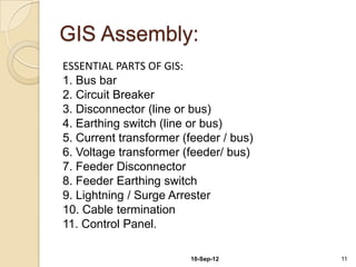 GIS Assembly:
ESSENTIAL PARTS OF GIS:
1. Bus bar
2. Circuit Breaker
3. Disconnector (line or bus)
4. Earthing switch (line...