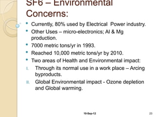 SF6 – Environmental
Concerns:
•  Currently, 80% used by Electrical Power industry.
•  Other Uses – micro-electronics; Al &...