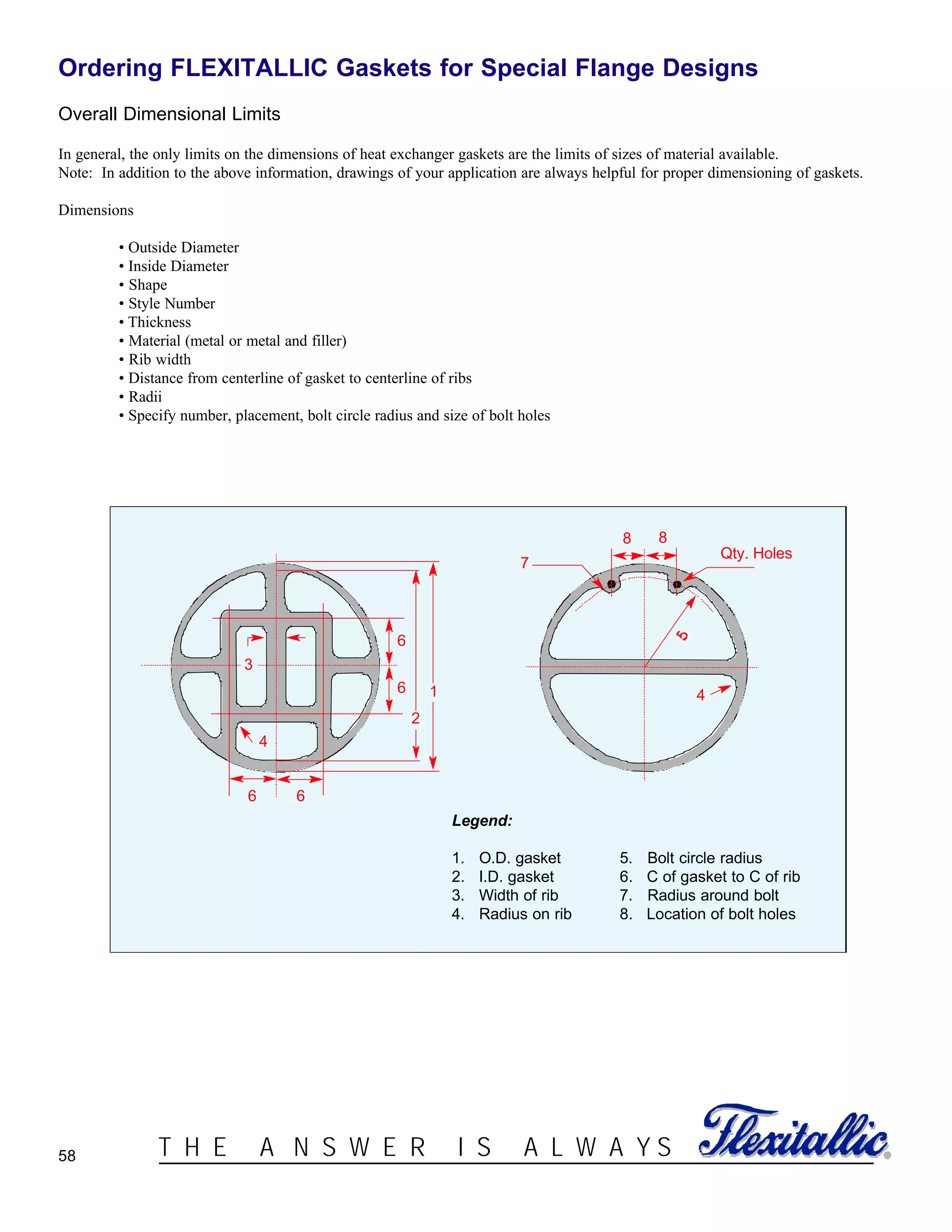 58 ®T H E A N S W E R I S A L W A Y S
Ordering FLEXITALLIC Gaskets for Special Flange Designs
Overall Dimensional Limits
In general, the only limits on the dimensions of heat exchanger gaskets are the limits of sizes of material available.
Note: In addition to the above information, drawings of your application are always helpful for proper dimensioning of gaskets.
Dimensions
• Outside Diameter
• Inside Diameter
• Shape
• Style Number
• Thickness
• Material (metal or metal and filler)
• Rib width
• Distance from centerline of gasket to centerline of ribs
• Radii
• Specify number, placement, bolt circle radius and size of bolt holes
3
2
1
6 6
4
6
6
Qty. Holes
88
7
4
Legend:
1. O.D. gasket 5. Bolt circle radius
2. I.D. gasket 6. C of gasket to C of rib
3. Width of rib 7. Radius around bolt
4. Radius on rib 8. Location of bolt holes
 