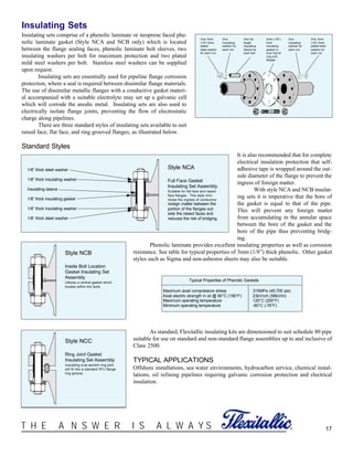 It is also recommended that for complete
electrical insulation protection that self-
adhesive tape is wrapped around the out-
side diameter of the flange to prevent the
ingress of foreign matter.
With style NCA and NCB insulat-
ing sets it is imperative that the bore of
the gasket is equal to that of the pipe.
This will prevent any foreign matter
from accumulating in the annular space
between the bore of the gasket and the
bore of the pipe thus preventing bridg-
ing.
Phenolic laminate provides excellent insulating properties as well as corrosion
resistance. See table for typical properties of 3mm (1/8”) thick phenolic. Other gasket
styles such as Sigma and non-asbestos sheets may also be suitable.
Typical Properties of Phenolic Gaskets
Maximum axial compressive stress 315MPa (45,700 psi)
Axial electric strength in oil @ 90°C (190°F) 23kV/cm (58kV/in)
Maximum operating temperature 120°C (250°F)
Minimum operating temperature -60°C (-76°F)
As standard, Flexitallic insulating kits are dimensioned to suit schedule 80 pipe
suitable for use on standard and non-standard flange assemblies up to and inclusive of
Class 2500.
TYPICAL APPLICATIONS
Offshore installations, sea water environments, hydrocarbon service, chemical instal-
lations, oil refining pipelines requiring galvanic corrosion protection and electrical
insulation.
17®T H E A N S W E R I S A L W A Y S
Insulating Sets
Insulating sets comprise of a phenolic laminate or neoprene faced phe-
nolic laminate gasket (Style NCA and NCB only) which is located
between the flange sealing faces, phenolic laminate bolt sleeves, two
insulating washers per bolt for maximum protection and two plated
mild steel washers per bolt. Stainless steel washers can be supplied
upon request.
Insulating sets are essentially used for pipeline flange corrosion
protection, where a seal is required between dissimilar flange materials.
The use of dissimilar metallic flanges with a conductive gasket materi-
al accompanied with a suitable electrolyte may set up a galvanic cell
which will corrode the anodic metal. Insulating sets are also used to
electrically isolate flange joints, preventing the flow of electrostatic
charge along pipelines.
There are three standard styles of insulating sets available to suit
raised face, flat face, and ring grooved flanges, as illustrated below.
Standard Styles
One 3mm
(1/8”) thick
plated
steel washer
for each nut.
One
Insulating
washer for
each nut
One full
length
insulating
sleeve for
each bolt
3mm (1/8”)
thick
insulating
gasket or
oval ring for
ring joint
flanges
One
insulating
washer for
each nut
One 3mm
(1/8”) thick
plated steel
washer for
each nut
Style NCB
Inside Bolt Location
Gasket Insulating Set
Assembly
Utilizes a central gasket which
locates within the bolts.
Style NCC
Ring Joint Gasket
Insulating Set Assembly
Insulating oval section ring joint
will fit into a standard RTJ flange
ring groove.
Style NCA
Full Face Gasket
Insulating Set Assembly
Suitable for flat face and raised
face flanges. This style mini-
mizes the ingress of conductive
foreign matter between the
portion of the flanges out-
side the raised faces and
reduces the risk of bridging.
1/8” thick steel washer
1/8” thick insulating washer
Insulating sleeve
1/8” thick insulating gasket
1/8” thick insulating washer
1/8” thick steel washer
 