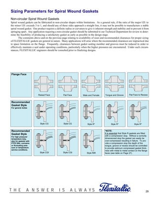29®T H E A N S W E R I S A L W A Y S
Style RIRStyle CGI
Sizing Parameters for Spiral Wound Gaskets
Non-circular Spiral Wound Gaskets
Spiral wound gaskets can be fabricated in non-circular shapes within limitations. As a general rule, if the ratio of the major I.D. to
the minor I.D. exceeds 3 to 1, and should any of these sides approach a straight line, it may not be possible to manufacture a stable
spiral wound gasket. Our product requires a definite radius or curvature to give it inherent strength and stability and to prevent it from
springing apart. Any application requiring a non-circular gasket should be submitted to our Technical Department for review to deter-
mine the feasibility of producing a satisfactory gasket as early as possible in the design stage.
The comments above and on the previous page relating to availability of sizes and recommended clearances for proper sizing
of FLEXITALLIC gaskets are general in nature. Many applications will arise where the recommended clearances are impractical due
to space limitation on the flange. Frequently, clearances between gasket sealing member and grooves must be reduced in order to
effectively maintain a seal under operating conditions, particularly when the higher pressures are encountered. Under such circum-
stances, FLEXITALLIC engineers should be consulted prior to finalizing designs.
Raised Face Flat Face Male and Female Tongue and Groove
Style CG Style R*
Flat Face to Recess
Flange Face
Recommended
Gasket Style
For general duties
Recommended
Gasket Style
For high pressure/
temperature duty,
also for gaskets with
PTFE filler, corrosive
or fluctuating pres-
sure or temperature
service conditions.
Style CG
Style CGI
Style R* Style R*
*NOTE:
It is essential that Style R gaskets are fitted
with a compression stop. Without a correctly
dimensioned stop the gasket can easily be
over-compressed resulting in failure. To pro-
vide a compression stop the depth of the
tongue, groove or recess should be controlled
to provide optimum compressed gasket thick-
ness with metal to metal contact on the flange
faces (see table on Page 27).
 