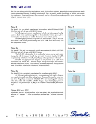 32 ®T H E A N S W E R I S A L W A Y S
Ring Type Joints
The ring type joint was initially developed for use in the petroleum industry, where high pressure/temperature appli-
cations necessitated the need for a high integrity seal. They are mainly used in the oil field on drilling and comple-
tion equipment. Ring type joints are also commonly used on valves and pipework assemblies, along with some high
integrity pressure vessel joints.
Style R
The Style R ring type joint is manufactured in accordance with API 6A and ASME
B16.20, to suit API 6B and ASME B16.5 flanges.
Style R ring type joints are manufactured in both oval and octagonal config-
urations. Both styles are interchangeable on the modern flat bottom groove, how-
ever only the oval style can be used in the old type round bottom groove.
Style R ring type joints are designed to seal pressure up to 6,250 psi in accor-
dance with ASME B16.5 pressure ratings and up to 5,000 psi in accordance with
API 6A pressure ratings.
Style RX
The Style RX ring type joint is manufactured in accordance with API 6A and ASME
B16.20, to suit API 6B and ASME B16.5 flanges.
The Style RX is designed to fit the modern flat bottom groove, and is inter-
changeable with the standard Style R ring type joint. However, since the Style RX
is significantly taller than a Style R, larger flange make up distances will result.
Style RX ring type joints are designed to seal pressures up to 6,250 psi in
accordance with ASME B16.5 pressure ratings, and up to 5,000 psi in accordance
with API 6A pressure ratings. Selected sizes incorporate a pressure passage hole to
allow for pressure equalization each side of the sealing faces.
Style BX
The Style BX ring type joint is manufactured in accordance with API 6A.
All BX ring type joints incorporate a pressure passage hole to allow for pres-
sure equalization each side of the sealing faces. On assembly, metal to metal con-
tact of the flange faces is achieved. The Style BX is not interchangeable with any
other style, and is only suited for API 6BX flanges. Style BX ring type joints are
designed to seal pressure up to 20,000 psi in accordance with API 6A pressure rat-
ings.
Styles SRX and SBX
Styles SRX and SBX are derived from Styles RX and BX, and are produced in line
with the API Standard 17 D for use on subsea wellhead and Christmas tree equip-
ment.
Style R
Style RX
Style BX
Oval Octagonal
 