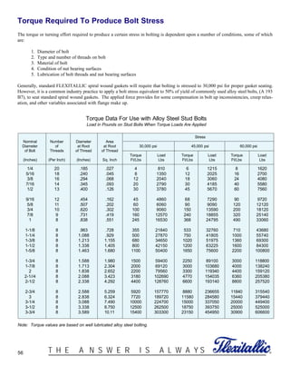 56 ®T H E A N S W E R I S A L W A Y S
Torque Required To Produce Bolt Stress
The torque or turning effort required to produce a certain stress in bolting is dependent upon a number of conditions, some of which
are:
1. Diameter of bolt
2. Type and number of threads on bolt
3. Material of bolt
4. Condition of nut bearing surfaces
5. Lubrication of bolt threads and nut bearing surfaces
Generally, standard FLEXITALLIC spiral wound gaskets will require that bolting is stressed to 30,000 psi for proper gasket seating.
However, it is a common industry practice to apply a bolt stress equivalent to 50% of yield of commonly used alloy steel bolts, (A 193
B7), to seat standard spiral wound gaskets. The applied force provides for some compensation in bolt up inconsistencies, creep relax-
ation, and other variables associated with flange make up.
Torque Data For Use with Alloy Steel Stud Bolts
Load in Pounds on Stud Bolts When Torque Loads Are Applied
Stress
Nominal Number Diameter Area
Diameter of at Root at Root 30,000 psi 45,000 psi 60,000 psi
of Bolt Threads of Thread of Thread
Torque Load Torque Load Torque Load
(Inches) (Per Inch) (Inches) Sq. Inch Ft/Lbs Lbs Ft/Lbs Lbs Ft/Lbs Lbs
1/4 20 .185 .027 4 810 6 1215 8 1620
5/16 18 .240 .045 8 1350 12 2025 16 2700
3/8 16 .294 .068 12 2040 18 3060 24 4080
7/16 14 .345 .093 20 2790 30 4185 40 5580
1/2 13 .400 .126 30 3780 45 5670 60 7560
9/16 12 .454 .162 45 4860 68 7290 90 9720
5/8 11 .507 .202 60 6060 90 9090 120 12120
3/4 10 .620 .302 100 9060 150 13590 200 18120
7/8 9 .731 .419 160 12570 240 18855 320 25140
1 8 .838 .551 245 16530 368 24795 490 33060
1-1/8 8 .963 .728 355 21840 533 32760 710 43680
1-1/4 8 1.088 .929 500 27870 750 41805 1000 55740
1-3/8 8 1.213 1.155 680 34650 1020 51975 1360 69300
1-1/2 8 1.338 1.405 800 42150 1200 63225 1600 84300
1-5/8 8 1.463 1.680 1100 50400 1650 75600 2200 100800
1-3/4 8 1.588 1.980 1500 59400 2250 89100 3000 118800
1-7/8 8 1.713 2.304 2000 69120 3000 103680 4000 138240
2 8 1.838 2.652 2200 79560 3300 119340 4400 159120
2-1//4 8 2.088 3.423 3180 102690 4770 154035 6360 205380
2-1/2 8 2.338 4.292 4400 128760 6600 193140 8800 257520
2-3/4 8 2.588 5.259 5920 157770 8880 236655 11840 315540
3 8 2.838 6.324 7720 189720 11580 284580 15440 379440
3-1/4 8 3.088 7.490 10000 224700 15000 337050 20000 449400
3-1/2 8 3.338 8.750 12500 262500 18750 393750 25000 525000
3-3/4 8 3.589 10.11 15400 303300 23150 454950 30900 606600
Note: Torque values are based on well lubricated alloy steel bolting.
 