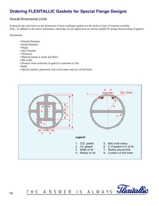 58 ®T H E A N S W E R I S A L W A Y S
Ordering FLEXITALLIC Gaskets for Special Flange Designs
Overall Dimensional Limits
In general, the only limits on the dimensions of heat exchanger gaskets are the limits of sizes of material available.
Note: In addition to the above information, drawings of your application are always helpful for proper dimensioning of gaskets.
Dimensions
• Outside Diameter
• Inside Diameter
• Shape
• Style Number
• Thickness
• Material (metal or metal and filler)
• Rib width
• Distance from centerline of gasket to centerline of ribs
• Radii
• Specify number, placement, bolt circle radius and size of bolt holes
3
2
1
6 6
4
6
6
Qty. Holes
88
7
4
Legend:
1. O.D. gasket 5. Bolt circle radius
2. I.D. gasket 6. C of gasket to C of rib
3. Width of rib 7. Radius around bolt
4. Radius on rib 8. Location of bolt holes
 