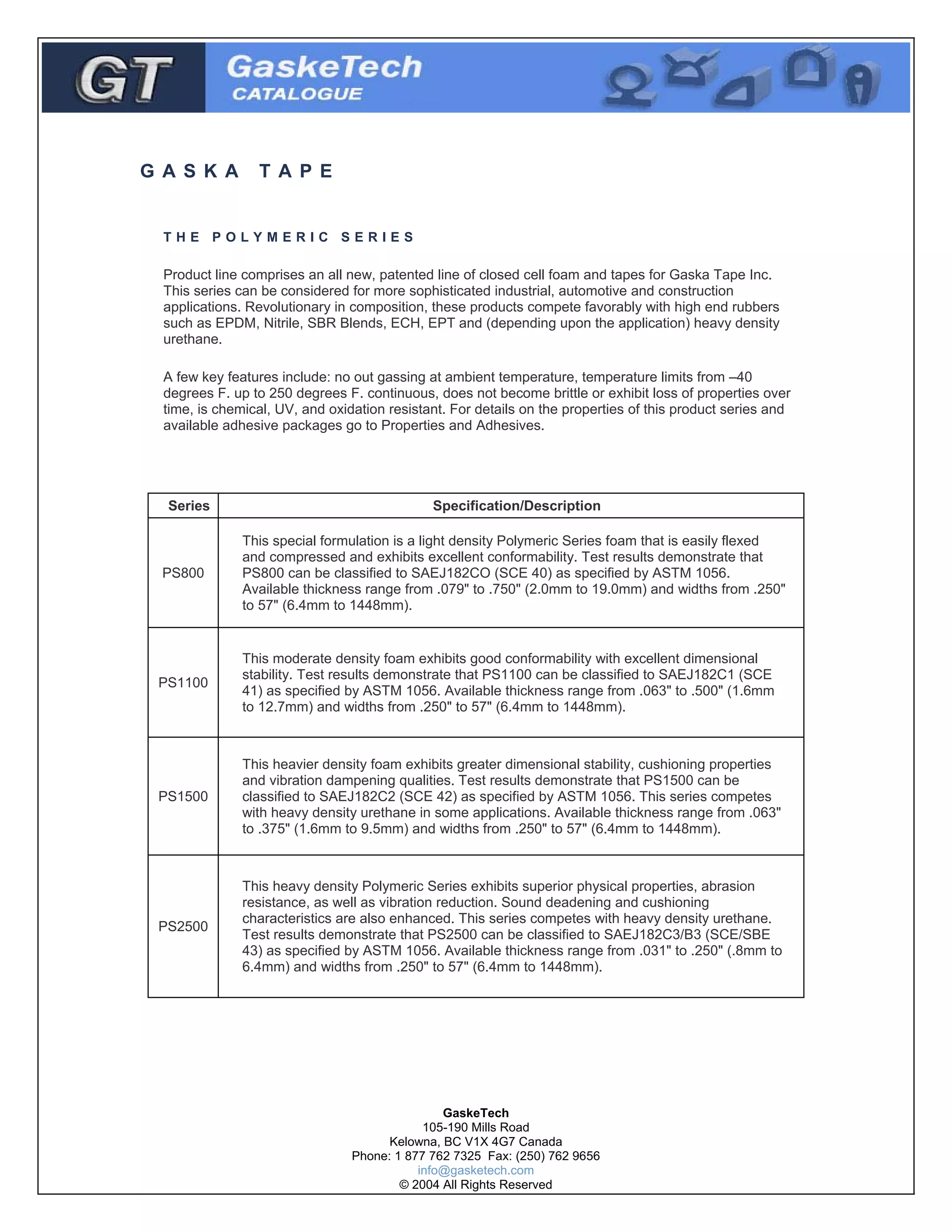 G A S K A

T A P E

THE POLYMERIC SERIES

Product line comprises an all new, patented line of closed cell foam and tapes for Gaska Tape Inc.
This series can be considered for more sophisticated industrial, automotive and construction
applications. Revolutionary in composition, these products compete favorably with high end rubbers
such as EPDM, Nitrile, SBR Blends, ECH, EPT and (depending upon the application) heavy density
urethane.
A few key features include: no out gassing at ambient temperature, temperature limits from –40
degrees F. up to 250 degrees F. continuous, does not become brittle or exhibit loss of properties over
time, is chemical, UV, and oxidation resistant. For details on the properties of this product series and
available adhesive packages go to Properties and Adhesives.

Series

Specification/Description

PS800

This special formulation is a light density Polymeric Series foam that is easily flexed
and compressed and exhibits excellent conformability. Test results demonstrate that
PS800 can be classified to SAEJ182CO (SCE 40) as specified by ASTM 1056.
Available thickness range from .079" to .750" (2.0mm to 19.0mm) and widths from .250"
to 57" (6.4mm to 1448mm).

PS1100

This moderate density foam exhibits good conformability with excellent dimensional
stability. Test results demonstrate that PS1100 can be classified to SAEJ182C1 (SCE
41) as specified by ASTM 1056. Available thickness range from .063" to .500" (1.6mm
to 12.7mm) and widths from .250" to 57" (6.4mm to 1448mm).

PS1500

This heavier density foam exhibits greater dimensional stability, cushioning properties
and vibration dampening qualities. Test results demonstrate that PS1500 can be
classified to SAEJ182C2 (SCE 42) as specified by ASTM 1056. This series competes
with heavy density urethane in some applications. Available thickness range from .063"
to .375" (1.6mm to 9.5mm) and widths from .250" to 57" (6.4mm to 1448mm).

PS2500

This heavy density Polymeric Series exhibits superior physical properties, abrasion
resistance, as well as vibration reduction. Sound deadening and cushioning
characteristics are also enhanced. This series competes with heavy density urethane.
Test results demonstrate that PS2500 can be classified to SAEJ182C3/B3 (SCE/SBE
43) as specified by ASTM 1056. Available thickness range from .031" to .250" (.8mm to
6.4mm) and widths from .250" to 57" (6.4mm to 1448mm).

GaskeTech
105-190 Mills Road
Kelowna, BC V1X 4G7 Canada
Phone: 1 877 762 7325 Fax: (250) 762 9656
info@gasketech.com
© 2004 All Rights Reserved

 