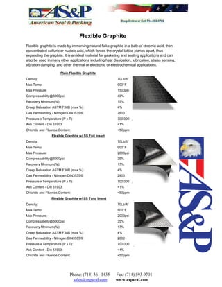 Flexible Graphite
Flexible graphite is made by immersing natural flake graphite in a bath of chromic acid, then
concentrated sulfuric or nucleic acid, which forces the crystal lattice planes apart, thus
expanding the graphite. It is an ideal material for gasketing and sealing applications and can
also be used in many other applications including heat dissipation, lubrication, stress sensing,
vibration damping, and other thermal or electronic or electrochemical applications.
Plain Flexible Graphite
Density: 70Lb/ft3
Max Temp: 900EF
Max Pressure: 1500psi
Compressability@5000psi: 49%
Recovery Minimum(%): 15%
Creep Relaxation ASTM F38B (max %): 4%
Gas Permeability - Nitrogen DIN3535/6: 2800
Pressure x Temperature (P x T): 700,000
Ash Content - Din 51903: <1%
Chloride and Fluoride Content: <50ppm
Flexible Graphite w/ SS Foil Insert
Density: 70Lb/ft3
Max Temp: 900EF
Max Pressure: 2000psi
Compressability@5000psi: 35%
Recovery Minimum(%): 17%
Creep Relaxation ASTM F38B (max %): 4%
Gas Permeability - Nitrogen DIN3535/6: 2800
Pressure x Temperature (P x T): 700,000
Ash Content - Din 51903: <1%
Chloride and Fluoride Content: <50ppm
Flexible Graphite w/ SS Tang Insert
Density: 70Lb/ft3
Max Temp: 900EF
Max Pressure: 2000psi
Compressability@5000psi: 35%
Recovery Minimum(%): 17%
Creep Relaxation ASTM F38B (max %): 4%
Gas Permeability - Nitrogen DIN3535/6: 2800
Pressure x Temperature (P x T): 700,000
Ash Content - Din 51903: <1%
Chloride and Fluoride Content: <50ppm
Phone: (714) 361 1435 Fax: (714) 593-9701
sales@aspseal.com www.aspseal.com
 