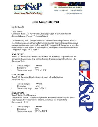 Buna Gasket Material
Nitrile (Buna-N)
Trade Names:
Chemigum Hycar (Zeo (Goodyear)n Chemical) Ny Syn (Copolymer) Paracril
(Uniroyal) Krynac (Polysar) Perbunan (Mobay)
The most widely used O-Ring elastomer. Excellent resistance to petroleum products.
Excellent compression set, tear and abrasion resistance. Does not have good resistance
to ozone, sunlight, or weather, unless specifically compounded. Should not be stored in
direct sunlight or near motors or other electrical equipment which may generate ozone.
Temperature range: -40° to +250°F.
STYLE 0726T -
Buna-N 70 Durometer for Transformer Gaskets and Strip Especially selected for the
fabrication of gaskets and strip for transformers. High resistance to transformer oils.
Durometer 70±5.
C Tensile strength: 1500 PSI
C Elongation: 250%
C Temperature range: -30°F to 250°F
STYLE 0726H -
Buna-N 90 Durometer Good resistance to many oils and chemicals.
Durometer 90±5:
C Tensile strength: 1500 PSI.
C Elongation: 100%.
C Temperature range: -30°Fto250°F
STYLE 0726W -
Buna-N White 50-65 Durometer
Manufactured from FDA approved ingredients. Good resistance to oily and greasy
food products. Good resistance to abrasion. Non-toxic and non-marking.
Durometer 55+10/-S.
C Tensile strength: 1000 PSI
C Elongation: 400%
C Temperature range: -20° F to 200° F
 
