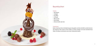 Baumkuchen

Zutaten:
•	 500 g Butter
•	 18 Eigelb
•	 50 g Milch
•	 22 Eiweiß
•	 480 g Zucker
•	 450 g Stärke
•	 Zitrone, Vanille, Salz, Rum



Zubereitung:
Butter schaumig rühren, die Eigelb langsam dazugeben und dann die Milch und die Gewürze.
Das Eiweiß mit dem Zucker und der Stärke zu Schnee schlagen und unter die Buttermasse
heben. Die Masse schichtweise unter einem Salamander backen.




                                                                                           47
 