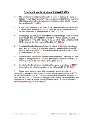 Chemistry gas laws worksheet with work