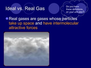 Ideal vs. Real Gas Real gases are gases whose particles  take up space  and  have intermolecular attractive forces Do you have these definitions on your unit plan? 