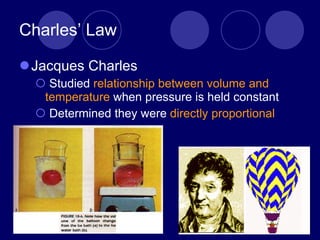 Charles’ Law Jacques Charles Studied  relationship between volume and temperature  when pressure is held constant Determined they were  directly proportional 