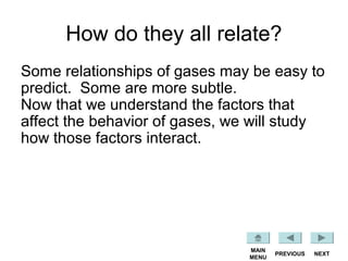 How do they all relate?
Some relationships of gases may be easy to
predict. Some are more subtle.
Now that we understand the factors that
affect the behavior of gases, we will study
how those factors interact.
NEXTPREVIOUS
MAIN
MENU
 