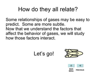 How do they all relate?
Some relationships of gases may be easy to
predict. Some are more subtle.
Now that we understand the factors that
affect the behavior of gases, we will study
how those factors interact.
PREVIOUS
MAIN
MENU
Let’s go!
 