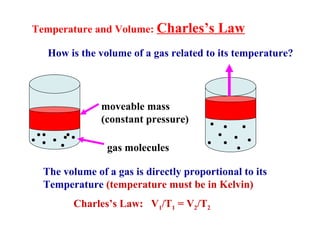Temperature and Volume: Charles’s Law
How is the volume of a gas related to its temperature?
gas molecules
moveable mass
(constant pressure)
The volume of a gas is directly proportional to its
Temperature (temperature must be in Kelvin)
Charles’s Law: V1/T1 = V2/T2
 