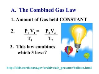 A. The Combined Gas Law
1. Amount of Gas held CONSTANT
2. P1 V1 = P2 V2
T2T1
http://kids.earth.nasa.gov/archive/air_pressure/balloon.html
3. This law combines
which 3 laws?
 
