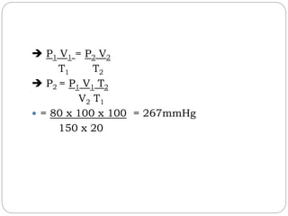  P1 V1 = P2 V2
T1 T2
 P2 = P1 V1 T2
V2 T1
 = 80 x 100 x 100 = 267mmHg
150 x 20
 