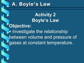 A. Boyle’s LawA. Boyle’s Law
Activity 2
Boyle’s Law
Objective:
• Investigate the relationship
between volume and pressure of
gases at constant temperature.
 