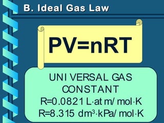 B. Ideal Gas LawB. Ideal Gas Law
UNI VERSAL GAS
CONSTANT
R=0.0821 L⋅at m/ mol⋅K
R=8.315 dm3
⋅kPa/ mol⋅K
PV=nRT
 