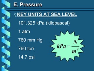 E. Pressure
2
m
N
kPa 
KEY UNITS AT SEA LEVEL
101.325 kPa (kilopascal)
1 atm
760 mm Hg
760 torr
14.7 psi
 