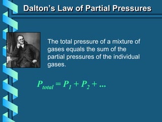 Dalton’s Law of Partial Pressures
The total pressure of a mixture of
gases equals the sum of the
partial pressures of the individual
gases.
Ptotal = P1 + P2 + ...
 