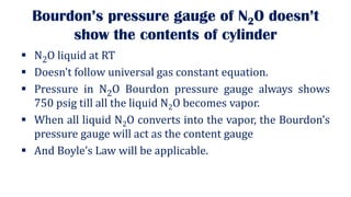 Bourdon’s pressure gauge of N2O doesn’t
show the contents of cylinder
▪ N2O liquid at RT
▪ Doesn’t follow universal gas constant equation.
▪ Pressure in N2O Bourdon pressure gauge always shows
750 psig till all the liquid N2O becomes vapor.
▪ When all liquid N2O converts into the vapor, the Bourdon’s
pressure gauge will act as the content gauge
▪ And Boyle’s Law will be applicable.
 
