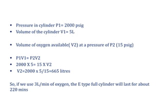 ▪ Pressure in cylinder P1= 2000 psig
▪ Volume of the cylinder V1= 5L
▪ Volume of oxygen available( V2) at a pressure of P2 (15 psig)
▪ P1V1= P2V2
▪ 2000 X 5= 15 X V2
▪ V2=2000 x 5/15=665 litres
So, if we use 3L/min of oxygen, the E type full cylinder will last for about
220 mins
 
