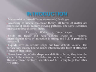 Matter exist in three different states- solid, liquid, gas.
According to kinetic molecular theory, all forms of matter are
composed of small, rapidly moving particles. The same substance
can exist in three different states.
Ice Water Water vapour
Solids are rigids and have definite shape & volume.
Intermolecular force of attraction is strong and K.E of particles is
very small.
Liquids have no definite shape but have definite volume. The
particles are loosely bound, hence intermolecular force of attraction
is smaller than solids.
Gases have on definite shape nor definite volume, they take the
shape of the container. Particles are far apart form one another.
Thus intermolecular force is weaker and K.E is very large than other
two states.
 
