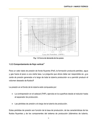 CAPÍTULO 1: MARCO TEÓRICO




                             Fig. 1.2 Curva de demanda de los pozos


1.2.3 Comportamiento de flujo vertical 6


Para un valor dado de presión de fondo fluyente (Pwf), la formación producirá petróleo, agua
y gas hacia el pozo a una cierta tasa. La pregunta que ahora debe ser respondida es: ¿La
caída de presión generada a lo largo de toda la tubería producción va a permitir producir el
volumen deseado de fluidos?


La presión en el fondo de la tubería está compuesta por:


   •   La contrapresión en el cabezal (THP), ejercida en la superficie desde el reductor hasta
       el separador de producción.


   •   Las pérdidas de presión a lo largo de la tubería de producción.


Estas pérdidas de presión son función de la tasa de producción, de las características de los
fluidos fluyentes y de los componentes del sistema de producción (diámetros de tubería,

                                               9
 