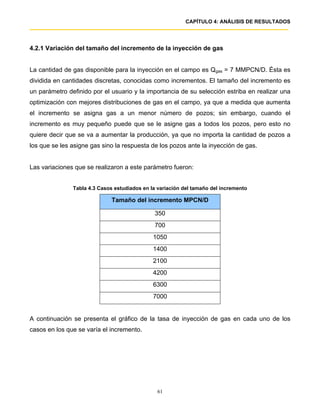 CAPÍTULO 4: ANÁLISIS DE RESULTADOS




4.2.1 Variación del tamaño del incremento de la inyección de gas


La cantidad de gas disponible para la inyección en el campo es Qgas = 7 MMPCN/D. Ésta es
dividida en cantidades discretas, conocidas como incrementos. El tamaño del incremento es
un parámetro definido por el usuario y la importancia de su selección estriba en realizar una
optimización con mejores distribuciones de gas en el campo, ya que a medida que aumenta
el incremento se asigna gas a un menor número de pozos; sin embargo, cuando el
incremento es muy pequeño puede que se le asigne gas a todos los pozos, pero esto no
quiere decir que se va a aumentar la producción, ya que no importa la cantidad de pozos a
los que se les asigne gas sino la respuesta de los pozos ante la inyección de gas.


Las variaciones que se realizaron a este parámetro fueron:


               Tabla 4.3 Casos estudiados en la variación del tamaño del incremento

                              Tamaño del incremento MPCN/D

                                              350
                                              700
                                              1050
                                              1400
                                              2100
                                              4200
                                              6300
                                              7000


A continuación se presenta el gráfico de la tasa de inyección de gas en cada uno de los
casos en los que se varía el incremento.




                                               61
 