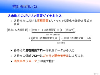 推計モデル (2)推計モデル (2)
各市町村のガソリン需要ダイナミクス
各時点末における実現需要 (ストック) の変化を差分方程式で
表現．
時点 t の実現需要 = 時点 t − 1 の実現需要 × 1 − 消失率
前日からの繰り越し
+ 時点 t の潜在需要フロー − 時点 t の供給フロー ∆t
当日の増分
各時点の潜在需要フローは観測データから入力
各時点の供給フローはガソリン配分モデルにより決定．
消失率パラメータ β は後で推計．
21 / 43
 