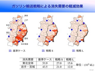 ガソリン輸送戦略による消失需要の軽減効果ガソリン輸送戦略による消失需要の軽減効果
酒田
秋田
青森
八戸
盛岡
仙台塩釜
図: 基準ケース 図: 戦略 S 図: 戦略 L
消失需要 基準ケース 戦略 S 戦略 L
東北全体 53.9 27.0 15.6
岩手・宮城 43.5 21.0 12.0
単位：(103 kL)
33 / 43
 