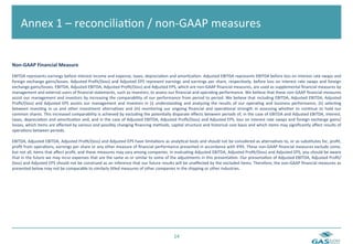  	
  Annex	
  1	
  –	
  reconcilia6on	
  /	
  non-­‐GAAP	
  measures	
  


Non-­‐GAAP	
  Financial	
  Measure	
  
	
  
EBITDA	
  represents	
  earnings	
  before	
  interest	
  income	
  and	
  expense,	
  taxes,	
  deprecia6on	
  and	
  amor6za6on.	
  Adjusted	
  EBITDA	
  represents	
  EBITDA	
  before	
  loss	
  on	
  interest	
  rate	
  swaps	
  and	
  
foreign	
   exchange	
   gains/losses.	
   Adjusted	
   Proﬁt/(loss)	
   and	
   Adjusted	
   EPS	
   represent	
   earnings	
   and	
   earnings	
   per	
   share,	
   respec6vely,	
   before	
   loss	
   on	
   interest	
   rate	
   swaps	
   and	
   foreign	
  
exchange	
  gains/losses.	
  EBITDA,	
  Adjusted	
  EBITDA,	
  Adjusted	
  Proﬁt/(loss)	
  and	
  Adjusted	
  EPS,	
  which	
  are	
  non-­‐GAAP	
  ﬁnancial	
  measures,	
  are	
  used	
  as	
  supplemental	
  ﬁnancial	
  measures	
  by	
  
management	
  and	
  external	
  users	
  of	
  ﬁnancial	
  statements,	
  such	
  as	
  investors,	
  to	
  assess	
  our	
  ﬁnancial	
  and	
  opera6ng	
  performance.	
  We	
  believe	
  that	
  these	
  non-­‐GAAP	
  ﬁnancial	
  measures	
  
assist	
  our	
  management	
  and	
  investors	
  by	
  increasing	
  the	
  comparability	
  of	
  our	
  performance	
  from	
  period	
  to	
  period.	
  We	
  believe	
  that	
  including	
  EBITDA,	
  Adjusted	
  EBITDA,	
  Adjusted	
  
Proﬁt/(loss)	
   and	
   Adjusted	
   EPS	
   assists	
   our	
   management	
   and	
   investors	
   in	
   (i)	
   understanding	
   and	
   analyzing	
   the	
   results	
   of	
   our	
   opera6ng	
   and	
   business	
   performance,	
   (ii)	
   selec6ng	
  
between	
   inves6ng	
   in	
   us	
   and	
   other	
   investment	
   alterna6ves	
   and	
   (iii)	
   monitoring	
   our	
   ongoing	
   ﬁnancial	
   and	
   opera6onal	
   strength	
   in	
   assessing	
   whether	
   to	
   con6nue	
   to	
   hold	
   our	
  
common	
  shares.	
  This	
  increased	
  comparability	
  is	
  achieved	
  by	
  excluding	
  the	
  poten6ally	
  disparate	
  eﬀects	
  between	
  periods	
  of,	
  in	
  the	
  case	
  of	
  EBITDA	
  and	
  Adjusted	
  EBITDA,	
  interest,	
  
taxes,	
  deprecia6on	
  and	
  amor6za6on	
  and,	
  and	
  in	
  the	
  case	
  of	
  Adjusted	
  EBITDA,	
  Adjusted	
  Proﬁt/(loss)	
  and	
  Adjusted	
  EPS,	
  loss	
  on	
  interest	
  rate	
  swaps	
  and	
  foreign	
  exchange	
  gains/
losses,	
  which	
  items	
  are	
  aﬀected	
  by	
  various	
  and	
  possibly	
  changing	
  ﬁnancing	
  methods,	
  capital	
  structure	
  and	
  historical	
  cost	
  basis	
  and	
  which	
  items	
  may	
  signiﬁcantly	
  aﬀect	
  results	
  of	
  
opera6ons	
  between	
  periods.	
  
	
  	
  
EBITDA,	
   Adjusted	
   EBITDA,	
   Adjusted	
   Proﬁt/(loss)	
   and	
   Adjusted	
   EPS	
   have	
   limita6ons	
   as	
   analy6cal	
   tools	
   and	
   should	
   not	
   be	
   considered	
   as	
   alterna6ves	
   to,	
   or	
   as	
   subs6tutes	
   for,	
   proﬁt,	
  
proﬁt	
  from	
  opera6ons,	
  earnings	
  per	
  share	
  or	
  any	
  other	
  measure	
  of	
  ﬁnancial	
  performance	
  presented	
  in	
  accordance	
  with	
  IFRS.	
  These	
  non-­‐GAAP	
  ﬁnancial	
  measures	
  exclude	
  some,	
  
but	
  not	
  all,	
  items	
  that	
  aﬀect	
  proﬁt,	
  and	
  these	
  measures	
  may	
  vary	
  among	
  companies.	
  In	
  evalua6ng	
  Adjusted	
  EBITDA,	
  Adjusted	
  Proﬁt/(loss)	
  and	
  Adjusted	
  EPS,	
  you	
  should	
  be	
  aware	
  
that	
  in	
  the	
  future	
  we	
  may	
  incur	
  expenses	
  that	
  are	
  the	
  same	
  as	
  or	
  similar	
  to	
  some	
  of	
  the	
  adjustments	
  in	
  this	
  presenta6on.	
  Our	
  presenta6on	
  of	
  Adjusted	
  EBITDA,	
  Adjusted	
  Proﬁt/
(loss)	
  and	
  Adjusted	
  EPS	
  should	
  not	
  be	
  construed	
  as	
  an	
  inference	
  that	
  our	
  future	
  results	
  will	
  be	
  unaﬀected	
  by	
  the	
  excluded	
  items.	
  Therefore,	
  the	
  non-­‐GAAP	
  ﬁnancial	
  measures	
  as	
  
presented	
  below	
  may	
  not	
  be	
  comparable	
  to	
  similarly	
  6tled	
  measures	
  of	
  other	
  companies	
  in	
  the	
  shipping	
  or	
  other	
  industries.	
  




                                                                                                                                        14	
  
 