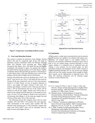 International Journal of Engineering Research & Technology (IJERT)
ISSN: 2278-0181
Vol. 2 Issue 11, November - 2013
Start

TIN,TOUT
Rooms=x,Room[]
Flag=0,i=0

Start

Close Main
Volve

I < x

Heat=z
HS=x
Flag=0

YES
Listen TIN
And
Listen TOUT

Repair/Check

Error
NO

Flag=0

TIN ≠ TOUT

Listen HS

YES
Closs Volve Room[i]

No

Open Volve Room[i-1]

Displat Volve
Room[i]

Repair/Check

i++

Heater
On

Yes

Flag=1

No

HS>Heat

Yes

Success

Heater
Off

Flag=1

Flag=1

Figure8:Gas Leak Detection System
Figure7: Temperature controlling feedback system.

8. Conclusion
This system is solution for detection of gas leakage. System
achieve this task by comparing input of gas and usage in
apartment. System coordinator which will function with gas
meter will calculate exact incoming gas. When home
accessories like heater, stove will utilize the gas the ZigBee
coordinator will calculate it again. For instance this house is
provided with the total gas pressure of 6 Cubic Hector. ZigBee
coordinator detects that provided gas pressure is decreasing to
4 cubic Hector then it will start checking every room for gas
leakage with the help of ZigBee devices and Sensors.
System will perform this action by checking from 1stto2nd, 3rd
and 4th room one by one. First, it will check the first room by
turning off the gas connectivity and see if the main pressure
retains to 4 Cubic Hector, In case of negative detection to
room 1, gas supply will again continue to that room. For
instance gas leakage is found in room 3 then gas provision to
room 3 will be discontinued and rest of the rooms will be
carried on with the gas supply. Similar step will be done to
check for the leakage until the detection is succeeded in every
room. In Case if no gas leakage is found in any room then it
will presume that leakage is on the main gas supply line and
will turn off the safety valve of the main line.
The following process flow diagram shows that two main
variables; TIN and TOUT will perform this task logically.
After initialization of the system, input variable TIN will
calculate total incoming gas. It will constantly compare this
value with TOUT.TOUT value will be calculated with the
help of sensors and ZigBee devices.

IJERTV2IS110032

As our country is under great economicalcrisis and our present
natural resources are needed to be utilized with intense care.
Therefore, our research paper is very helpful solution to
overcome our presently confronted economical issues and as
well as for our wasted energy resources.Normally in every
region, whether it is industrial area or residential area, gas
leakage is very common. In our research paper, we have
presented a dynamic and intelligent system which is based on
ZigBeeTechnology;through this we can prevent gas leakage
which will save our energy resources from wastage.In future,
these systems can be implemented in industrial sector. This
thing will minimize production cost by utilizing energy
resources in more efficient way.

IJE
RT

C. Gas Leak Detection System

9. References
[1]. N. C. Liang, P.C.Chen, T. Sun, G. Yang, L. Chen, and
M.Gerla ,“Impact of Node Heterogeneity in ZigBee Mesh
Network Routing,” 2006 IEEE International Conference,
October 8-11, 2006, Taipei, Taiwan.
[2]. Masahiro Inoue, ToshiyasuHiguma, Yoshiaki Ito,
Noriyuki Kushiro, Hitoshi Kubota, "Network Architecture
for Home Energy Management System," IEEE
Transactions on Consumer Electronics, vol. 49, no.3, pp.
606-613, Aug. 2003.
[3]. A. Wheeler, “Commercial Applications of Wireless
Sensor Network Using ZigBee”, IEEE Communications
Magazine, Vol. 45, N. 4, pp. 70 – 77, April 2007.
[4]. P. Shah, T.Shaikh, K.Ghan andS.Shilasakar“ Power
Management using ZigBee Wireless Sensor
Network,”First International Conference on Emerging
Trends in Engineering and Technology.

www.ijert.org

292

 