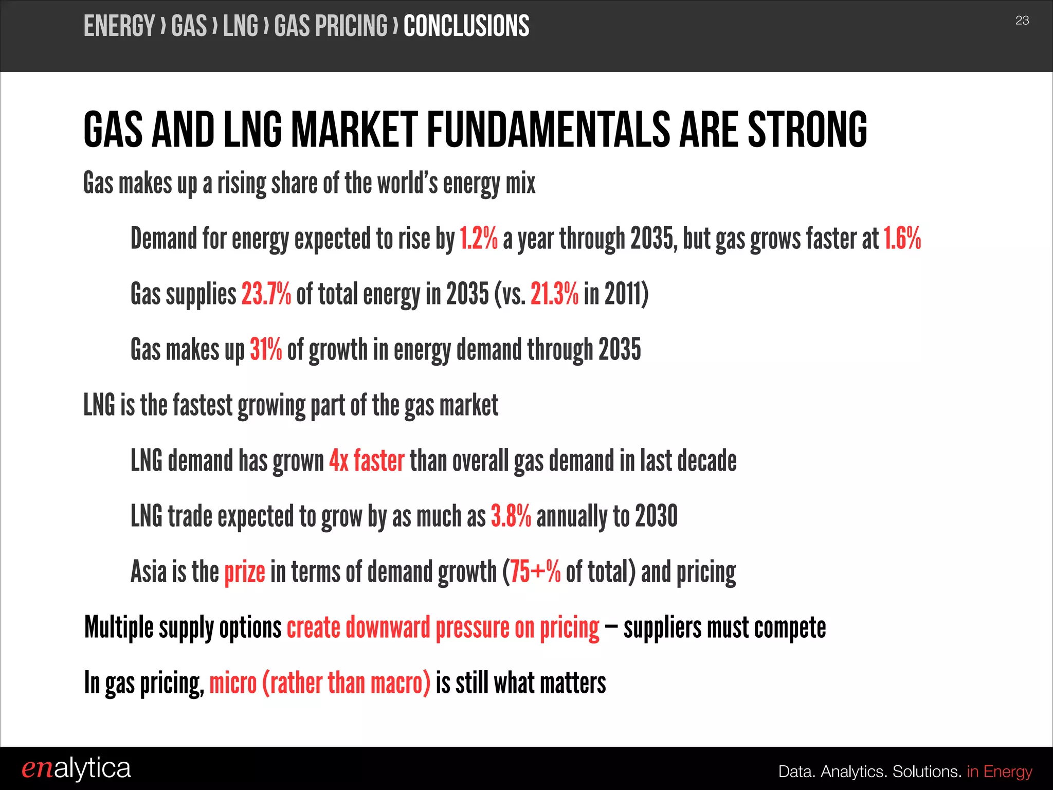 Energy › Gas › LNG › Gas Pricing › conclusions

!23

Gas and LNG Market Fundamentals are strong
Gas makes up a rising share of the world’s energy mix
Demand for energy expected to rise by 1.2% a year through 2035, but gas grows faster at 1.6%
Gas supplies 23.7% of total energy in 2035 (vs. 21.3% in 2011)
Gas makes up 31% of growth in energy demand through 2035
LNG is the fastest growing part of the gas market
LNG demand has grown 4x faster than overall gas demand in last decade
LNG trade expected to grow by as much as 3.8% annually to 2030
Asia is the prize in terms of demand growth (75+% of total) and pricing
Multiple supply options create downward pressure on pricing — suppliers must compete
In gas pricing, micro (rather than macro) is still what matters
enalytica

Data. Analytics. Solutions. in Energy

 
