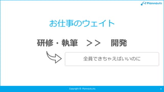 Copyright © Plannauts,Inc. 4
お仕事のウェイト
研修・執筆 ＞＞ 開発
全員できちゃえばいいのに
 
