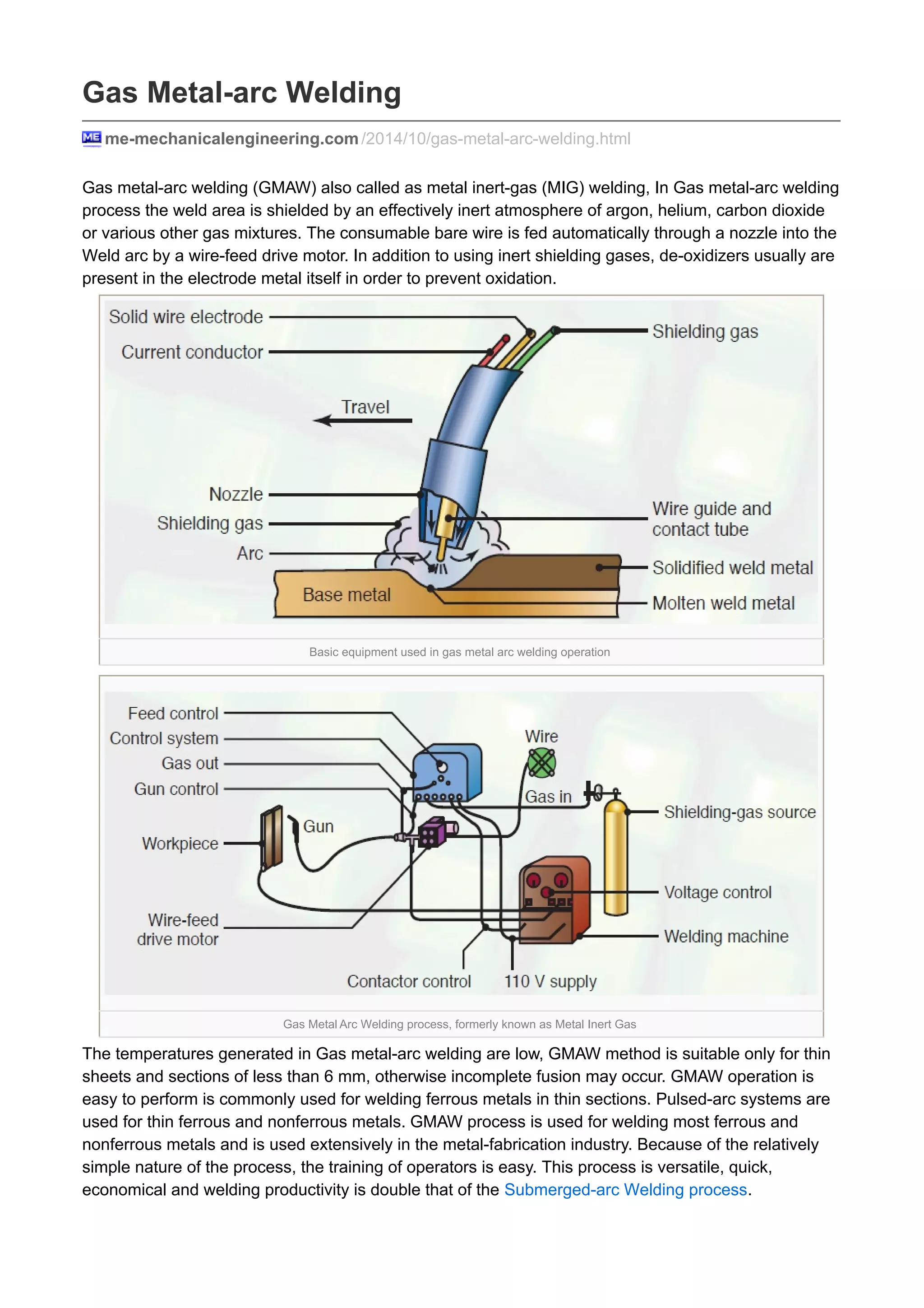 Gas Metal-arc Welding
me-mechanicalengineering.com /2014/10/gas-metal-arc-welding.html
Gas metal-arc welding (GMAW) also called as metal inert-gas (MIG) welding, In Gas metal-arc welding
process the weld area is shielded by an effectively inert atmosphere of argon, helium, carbon dioxide
or various other gas mixtures. The consumable bare wire is fed automatically through a nozzle into the
Weld arc by a wire-feed drive motor. In addition to using inert shielding gases, de-oxidizers usually are
present in the electrode metal itself in order to prevent oxidation.
Basic equipment used in gas metal arc welding operation
Gas Metal Arc Welding process, formerly known as Metal Inert Gas
The temperatures generated in Gas metal-arc welding are low, GMAW method is suitable only for thin
sheets and sections of less than 6 mm, otherwise incomplete fusion may occur. GMAW operation is
easy to perform is commonly used for welding ferrous metals in thin sections. Pulsed-arc systems are
used for thin ferrous and nonferrous metals. GMAW process is used for welding most ferrous and
nonferrous metals and is used extensively in the metal-fabrication industry. Because of the relatively
simple nature of the process, the training of operators is easy. This process is versatile, quick,
economical and welding productivity is double that of the Submerged-arc Welding process.