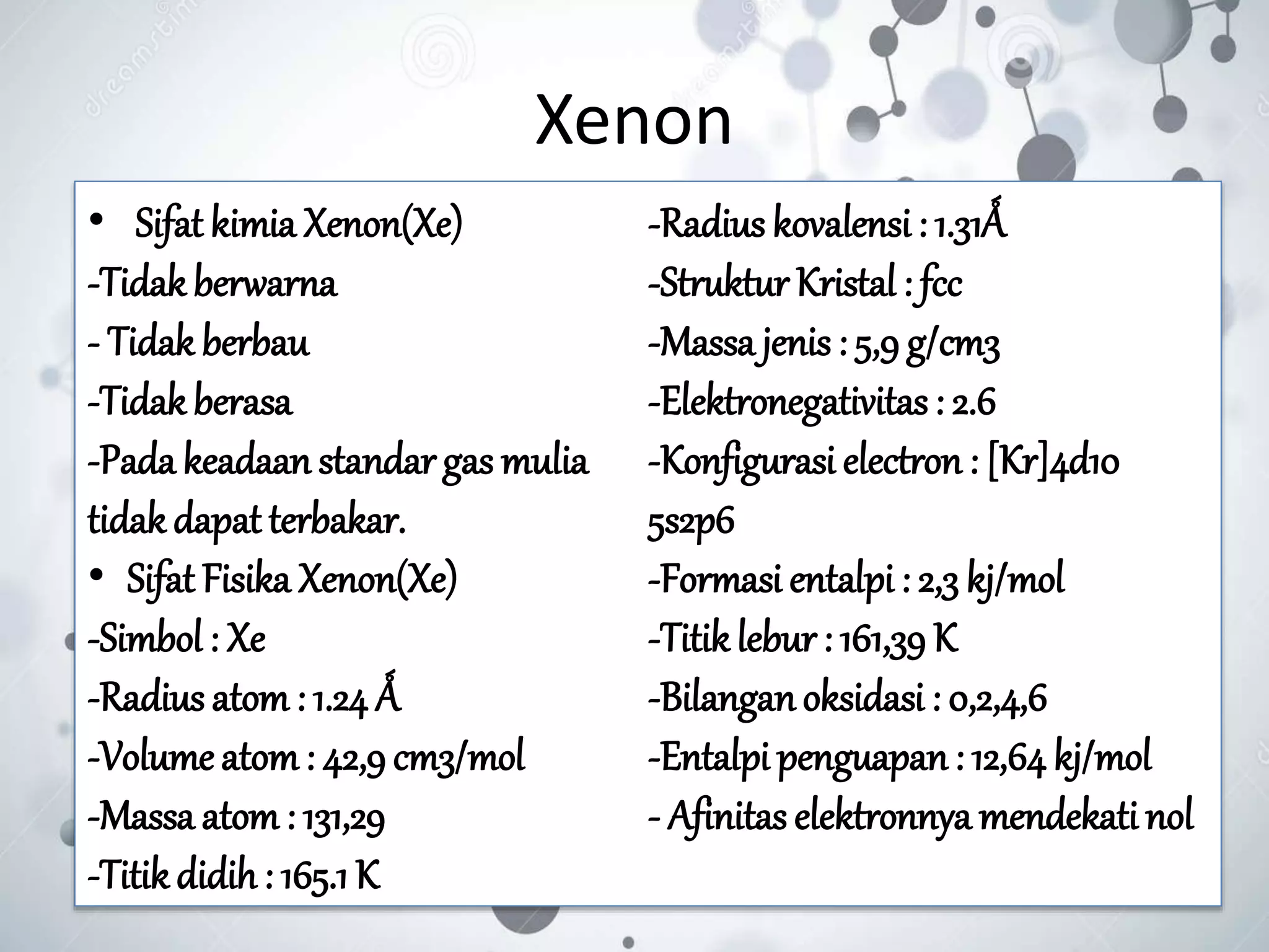 Xenon
• Sifat kimia Xenon(Xe)
-Tidakberwarna
- Tidak berbau
-Tidakberasa
-Pada keadaan standar gas mulia
tidakdapat terbakar.
• Sifat Fisika Xenon(Xe)
-Simbol : Xe
-Radius atom: 1.24 Ǻ
-Volume atom: 42,9cm3/mol
-Massa atom: 131,29
-Titikdidih: 165.1 K
-Radius kovalensi: 1.31Ǻ
-Struktur Kristal : fcc
-Massa jenis : 5,9 g/cm3
-Elektronegativitas : 2.6
-Konfigurasi electron : [Kr]4d10
5s2p6
-Formasi entalpi : 2,3 kj/mol
-Titiklebur : 161,39K
-Bilanganoksidasi : 0,2,4,6
-Entalpi penguapan: 12,64kj/mol
- Afinitas elektronnya mendekatinol
 