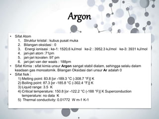 Argon
• Sifat Atom
1. Struktur kristal : kubus pusat muka
2. Bilangan oksidasi : 0
3. Energi ionisasi : ke-1: 1520,6 kJ/mol ke-2 : 3952.3 kJ/mol ke-3: 3931 kJ/mol
4. jari-jari atom :71pm
5. jari-jari kovalen :97 pm
6. jari-jari van der waals : 188pm
• Sifat Kimia : sifat kimia unsur Argon sangat stabil dialam, sehingga selalu dalam
keadaan gas monoatomik. Bilangan Oksidasi dari unsur Ar adalah 0
• Sifat fisik :
1) Melting point: 83.8 [or -189.3 °C (-308.7 °F)] K
2) Boiling point: 87.3 [or -185.8 °C (-302.4 °F)] K
3) Liquid range: 3.5 K
4) Critical temperature: 150.8 [or -122.2 °C (-188 °F)] K Superconduction
temperature: no data K
5) Thermal conductivity: 0.01772 W m-1 K-1
 
