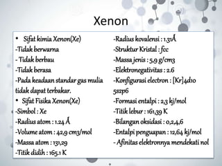 Xenon
• Sifat kimia Xenon(Xe)
-Tidakberwarna
- Tidak berbau
-Tidakberasa
-Pada keadaan standar gas mulia
tidakdapat terbakar.
• Sifat Fisika Xenon(Xe)
-Simbol : Xe
-Radius atom: 1.24 Ǻ
-Volume atom: 42,9cm3/mol
-Massa atom: 131,29
-Titikdidih: 165.1 K
-Radius kovalensi: 1.31Ǻ
-Struktur Kristal : fcc
-Massa jenis : 5,9 g/cm3
-Elektronegativitas : 2.6
-Konfigurasi electron : [Kr]4d10
5s2p6
-Formasi entalpi : 2,3 kj/mol
-Titiklebur : 161,39K
-Bilanganoksidasi : 0,2,4,6
-Entalpi penguapan: 12,64kj/mol
- Afinitas elektronnya mendekatinol
 